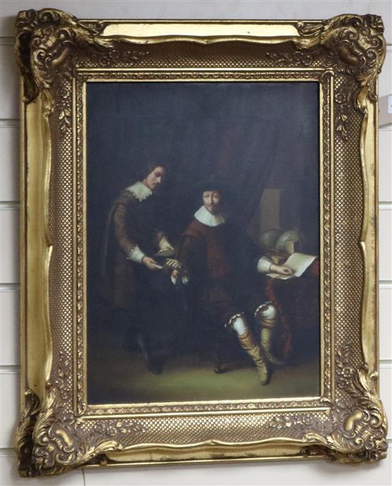 Modern 17th century style, oil on panel, Figures in an interior, signed Collier, 40 x 30cm